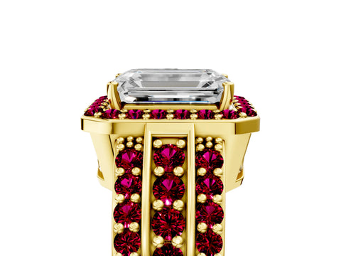 Yellow gold Emerald Cut Halo Diamond Ring with Round with Garnet side stone Split Shank and Prong Setting_5