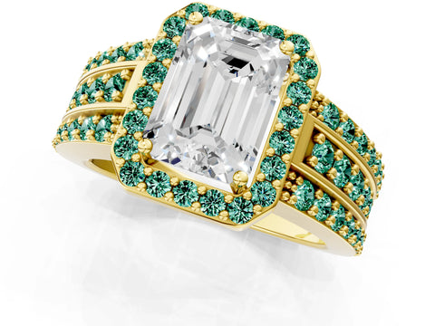 Yellow gold Emerald Cut Halo Diamond Ring with Round with Green Sapphire side stone Split Shank and Prong Setting_1