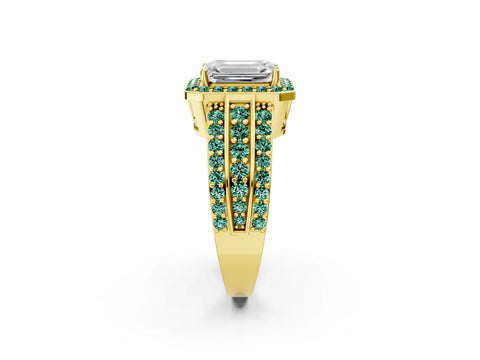 Yellow gold Emerald Cut Halo Diamond Ring with Round with Green Sapphire side stone Split Shank and Prong Setting_2