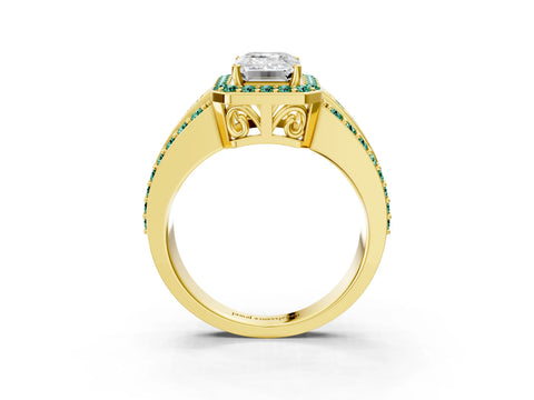 Yellow gold Emerald Cut Halo Diamond Ring with Round with Green Sapphire side stone Split Shank and Prong Setting_3