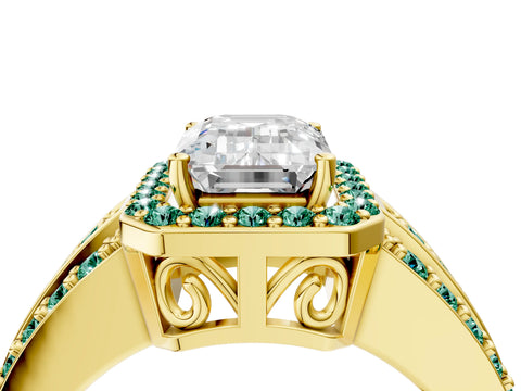 Yellow gold Emerald Cut Halo Diamond Ring with Round with Green Sapphire side stone Split Shank and Prong Setting_4