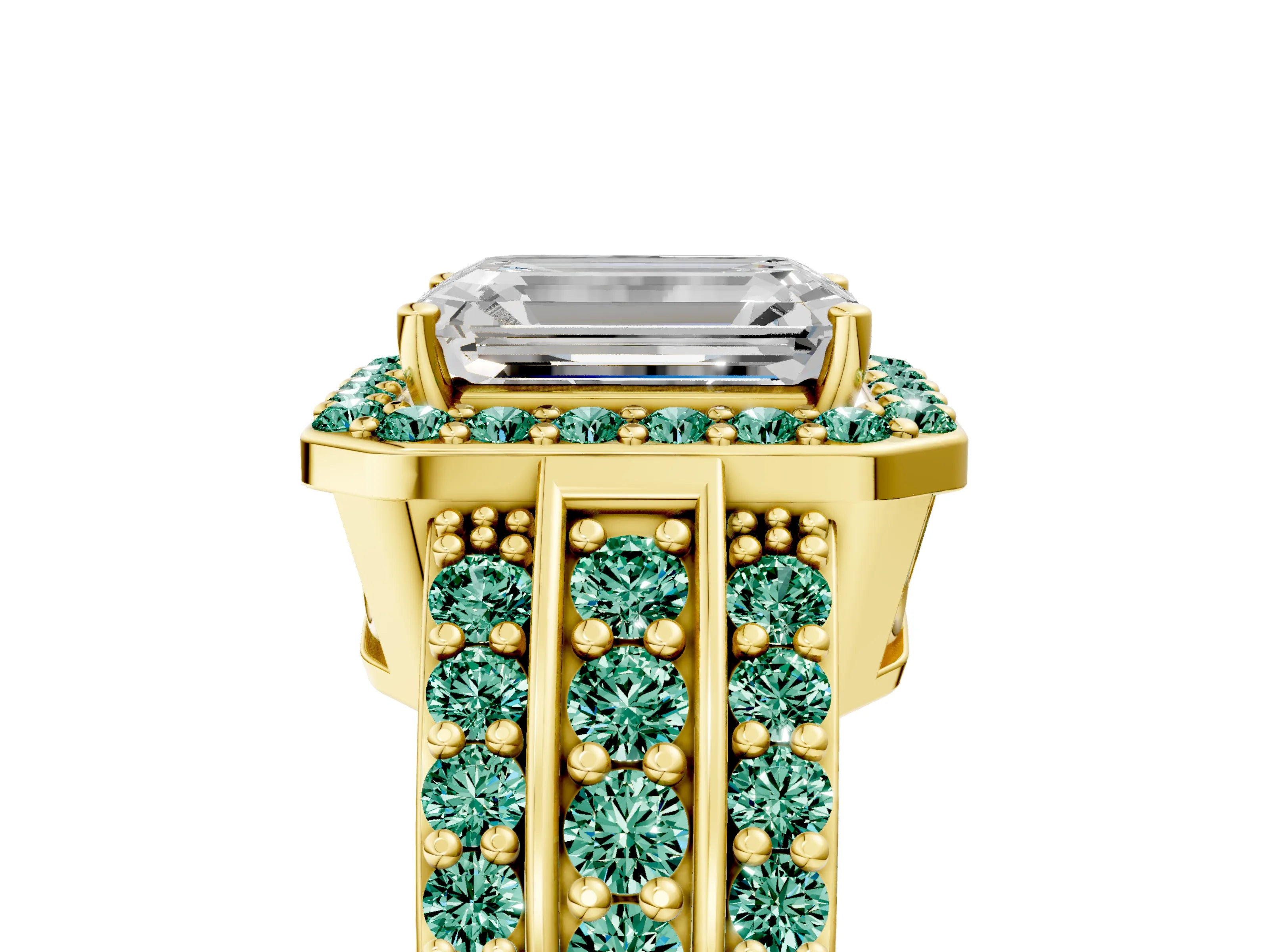 Yellow gold Emerald Cut Halo Diamond Ring with Round with Green Sapphire side stone Split Shank and Prong Setting_5