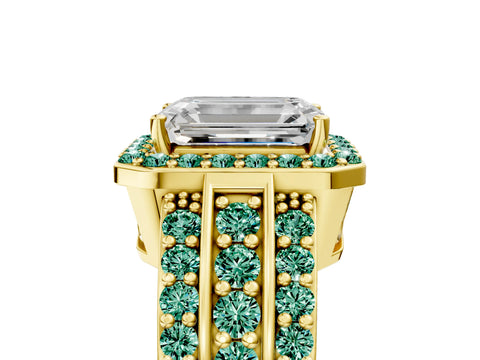 Yellow gold Emerald Cut Halo Diamond Ring with Round with Green Sapphire side stone Split Shank and Prong Setting_5