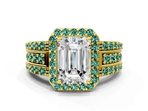 Yellow gold Emerald Cut Halo Diamond Ring with Round with Green Sapphire side stone Split Shank and Prong Setting