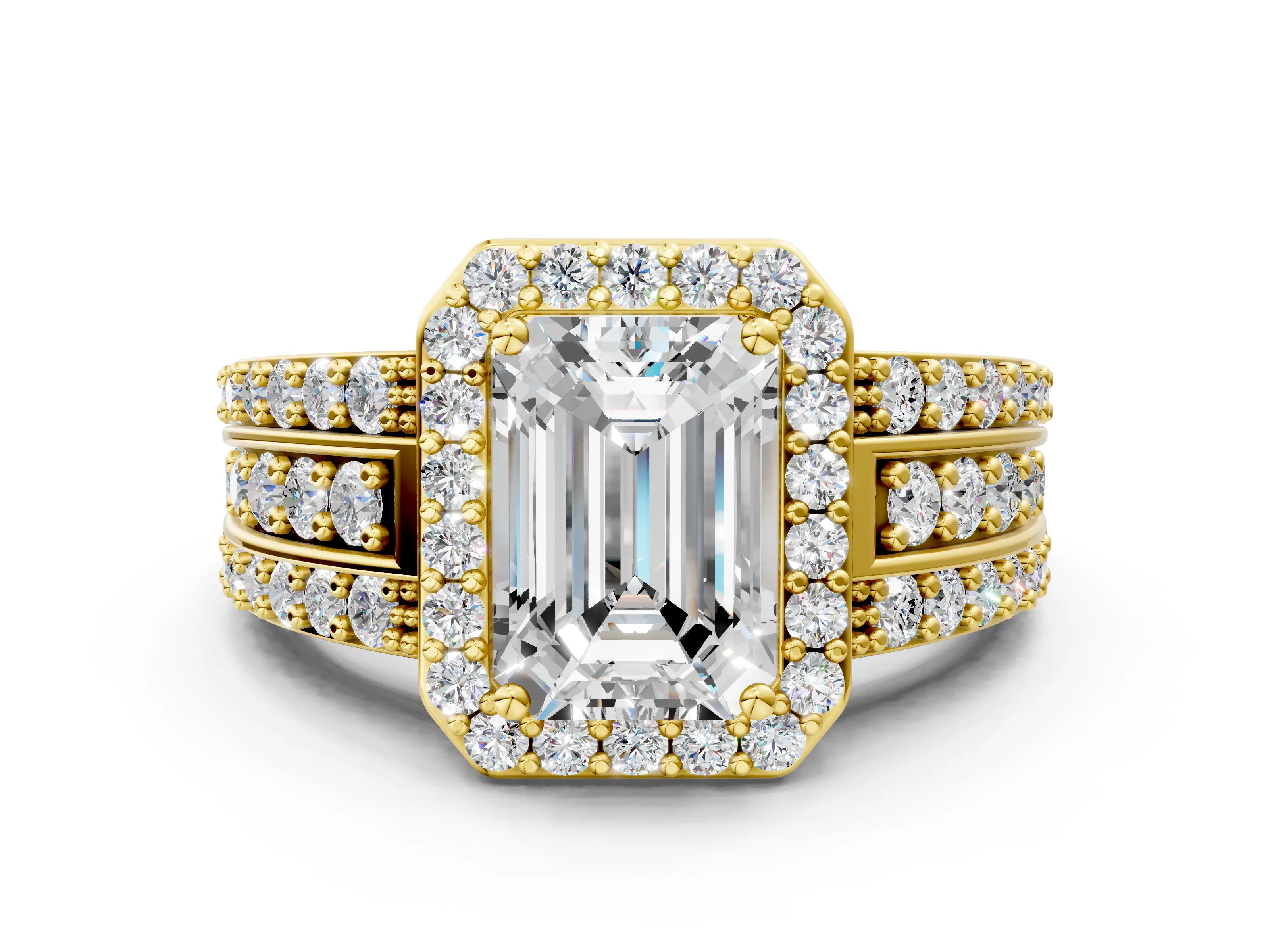 Yellow gold Emerald Cut Halo Diamond Ring with Round with Moissanite side stone Split Shank and Prong Setting