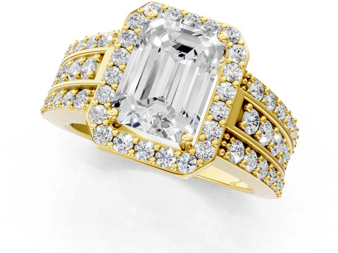 Yellow gold Emerald Cut Halo Diamond Ring with Round with Moissanite side stone Split Shank and Prong Setting_1