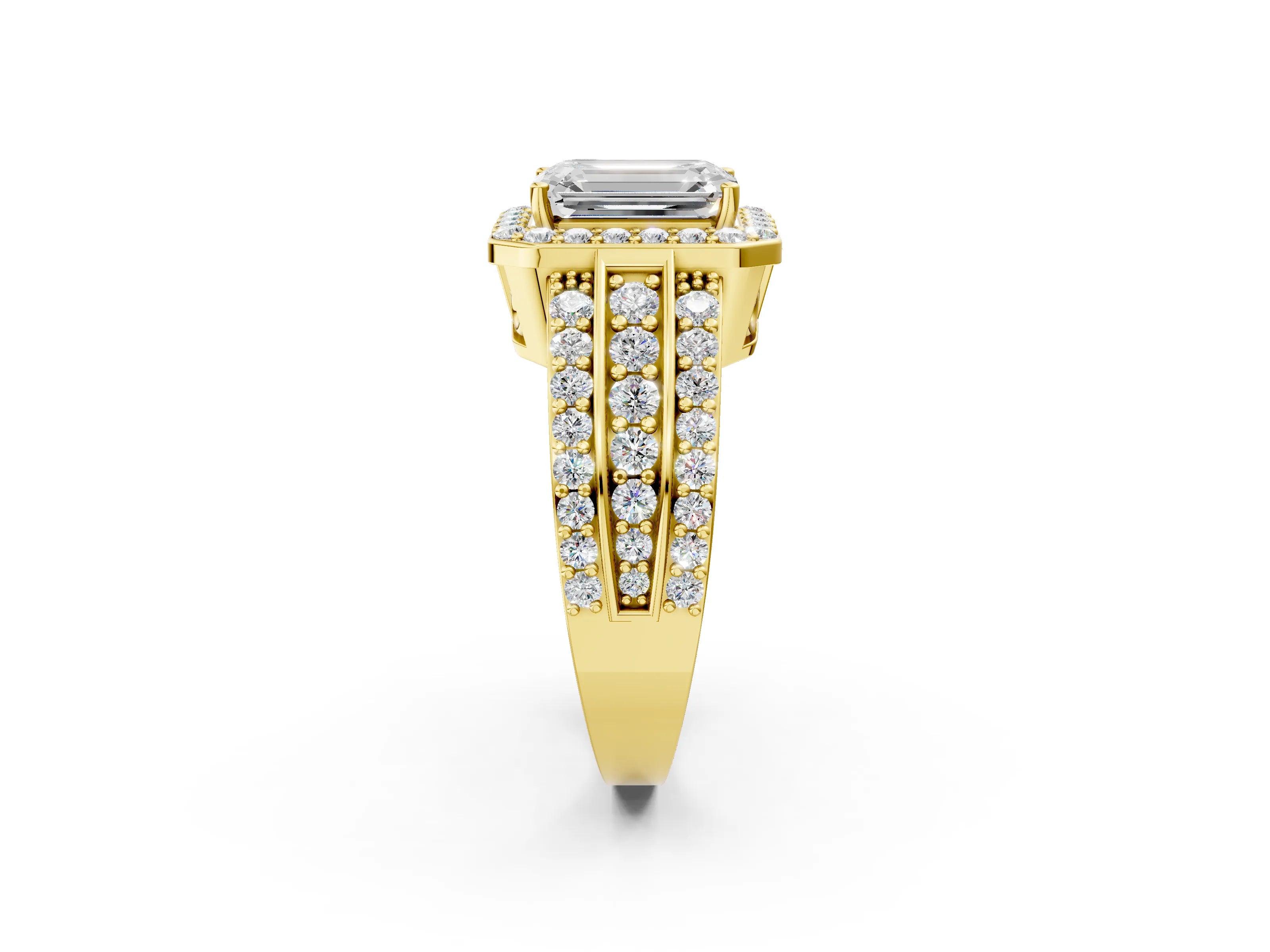 Yellow gold Emerald Cut Halo Diamond Ring with Round with Moissanite side stone Split Shank and Prong Setting_2