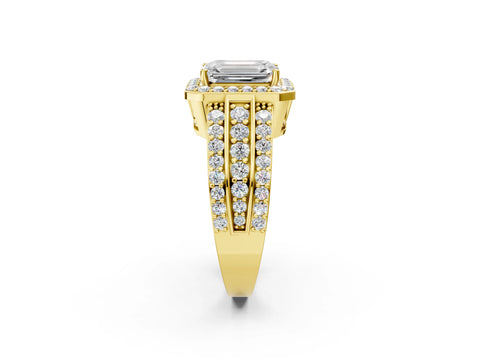 Yellow gold Emerald Cut Halo Diamond Ring with Round with Moissanite side stone Split Shank and Prong Setting_2
