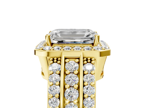Yellow gold Emerald Cut Halo Diamond Ring with Round with Moissanite side stone Split Shank and Prong Setting_5