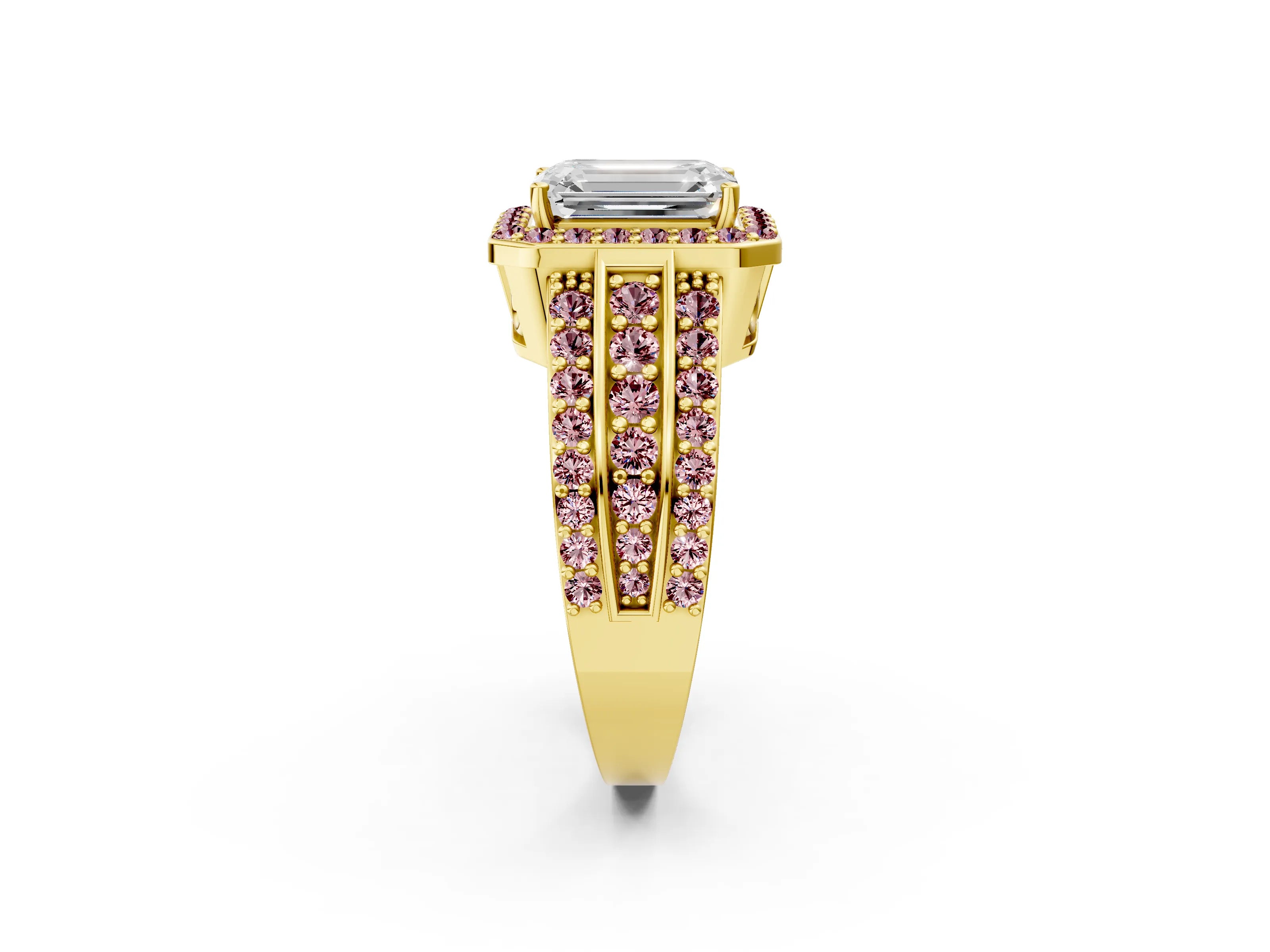 Yellow gold Emerald Cut Halo Diamond Ring with Round with Morganite side stone Split Shank and Prong Setting_2