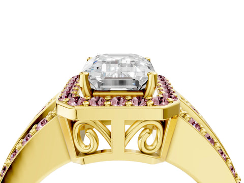 Yellow gold Emerald Cut Halo Diamond Ring with Round with Morganite side stone Split Shank and Prong Setting_4
