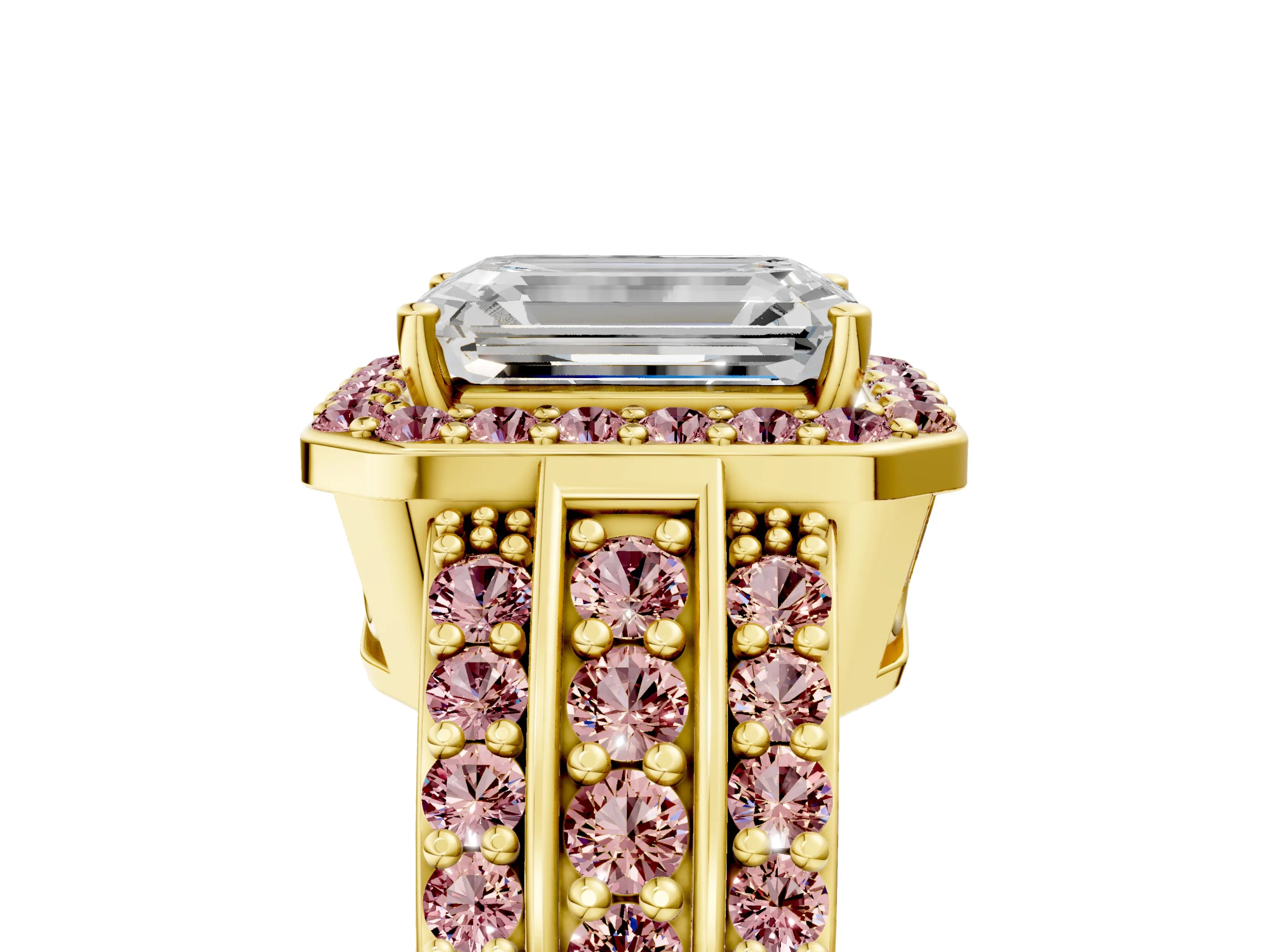 Yellow gold Emerald Cut Halo Diamond Ring with Round with Morganite side stone Split Shank and Prong Setting_5