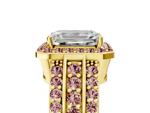 Yellow gold Emerald Cut Halo Diamond Ring with Round with Morganite side stone Split Shank and Prong Setting_5