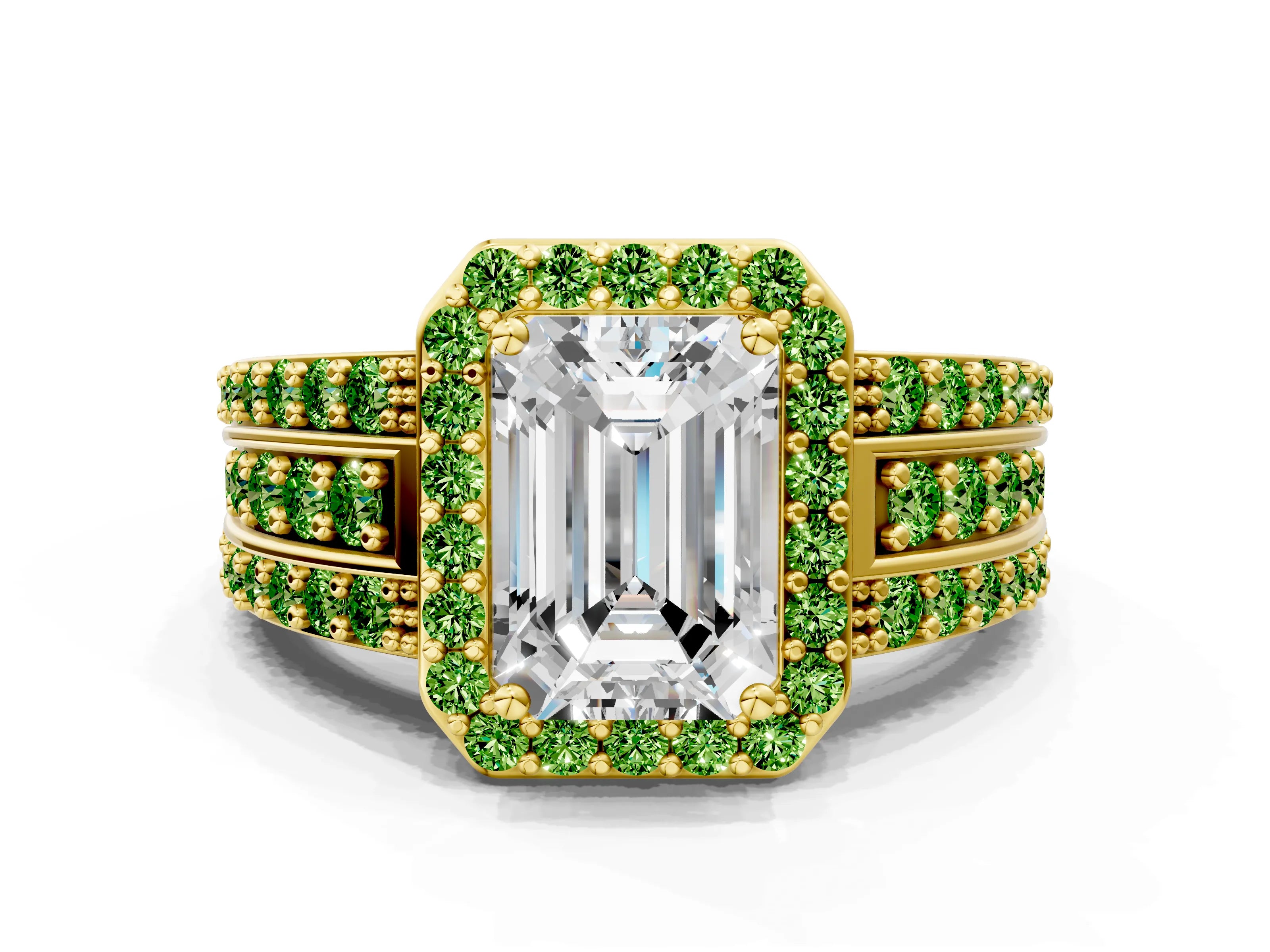 Yellow gold Emerald Cut Halo Diamond Ring with Round with Peridot side stone Split Shank and Prong Setting