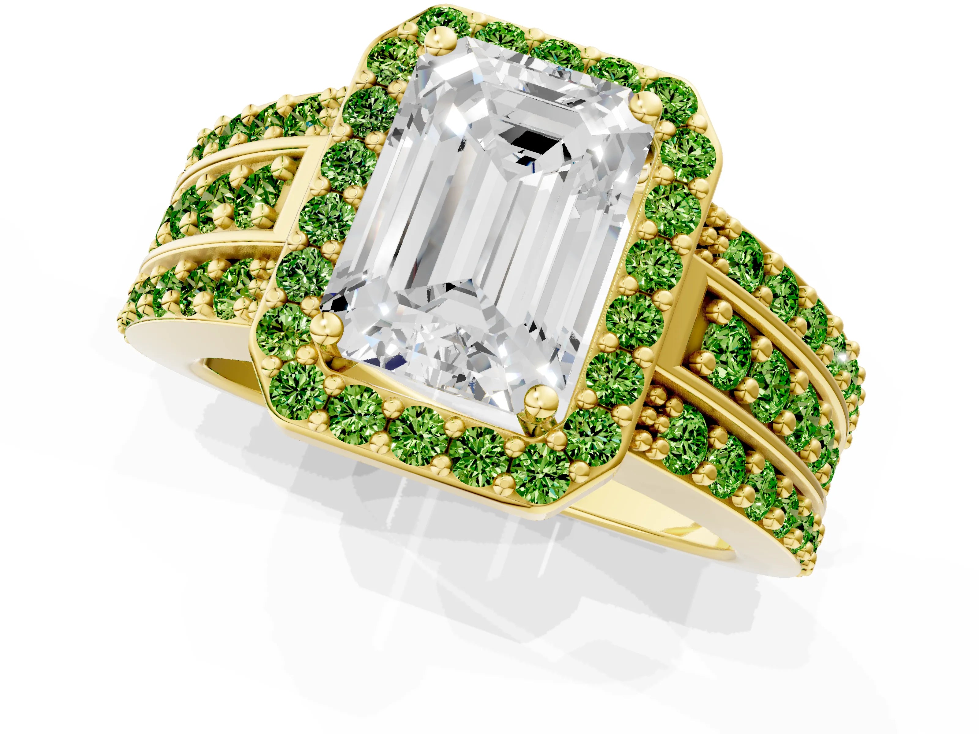 Yellow gold Emerald Cut Halo Diamond Ring with Round with Peridot side stone Split Shank and Prong Setting_1