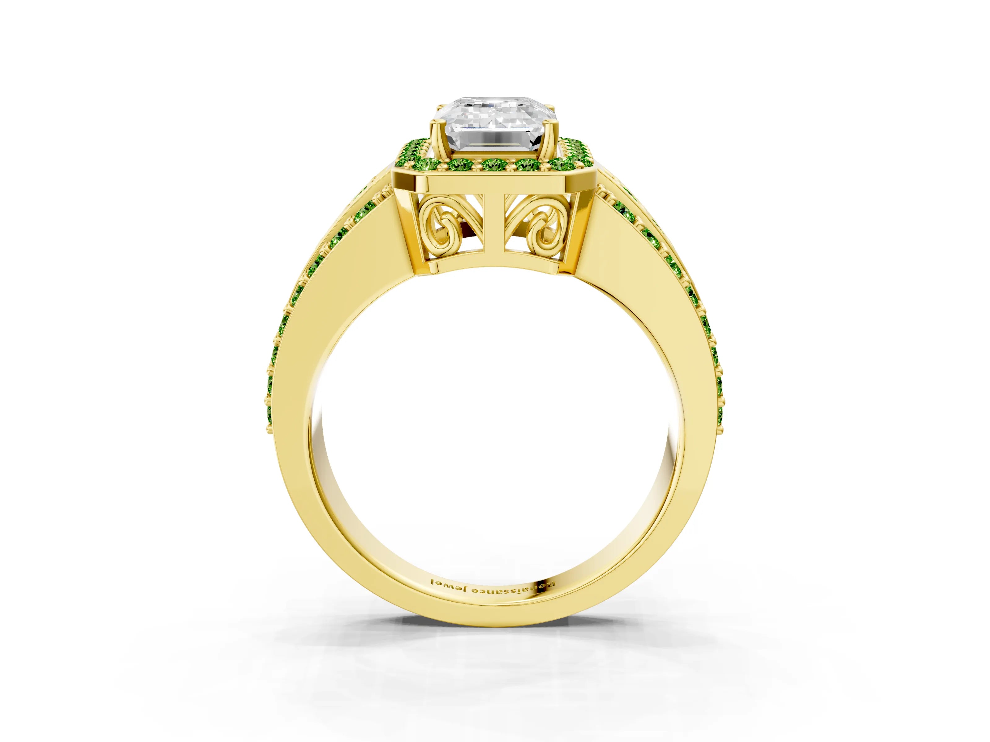 Yellow gold Emerald Cut Halo Diamond Ring with Round with Peridot side stone Split Shank and Prong Setting_3