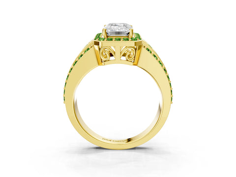 Yellow gold Emerald Cut Halo Diamond Ring with Round with Peridot side stone Split Shank and Prong Setting_3