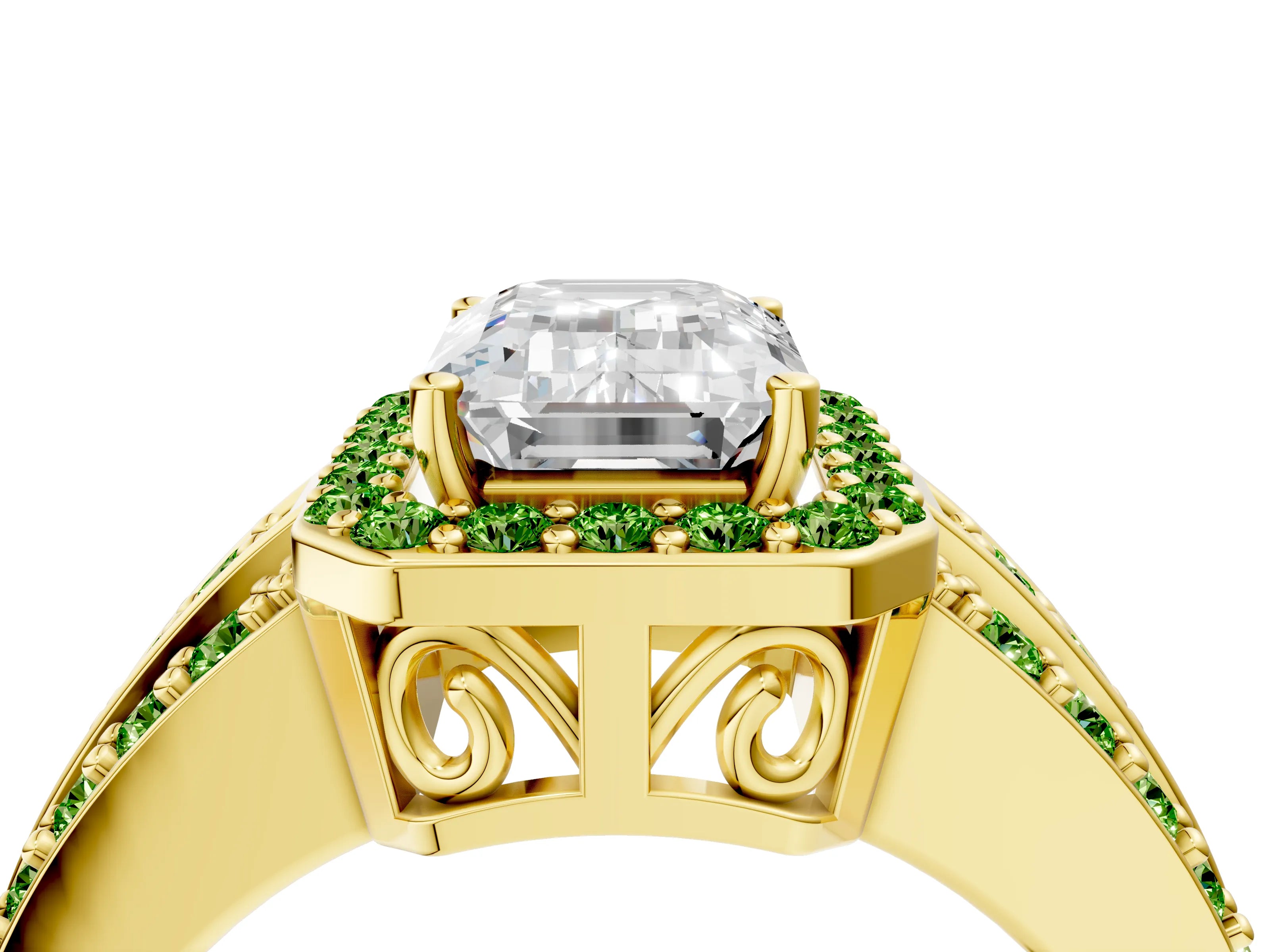 Yellow gold Emerald Cut Halo Diamond Ring with Round with Peridot side stone Split Shank and Prong Setting_4
