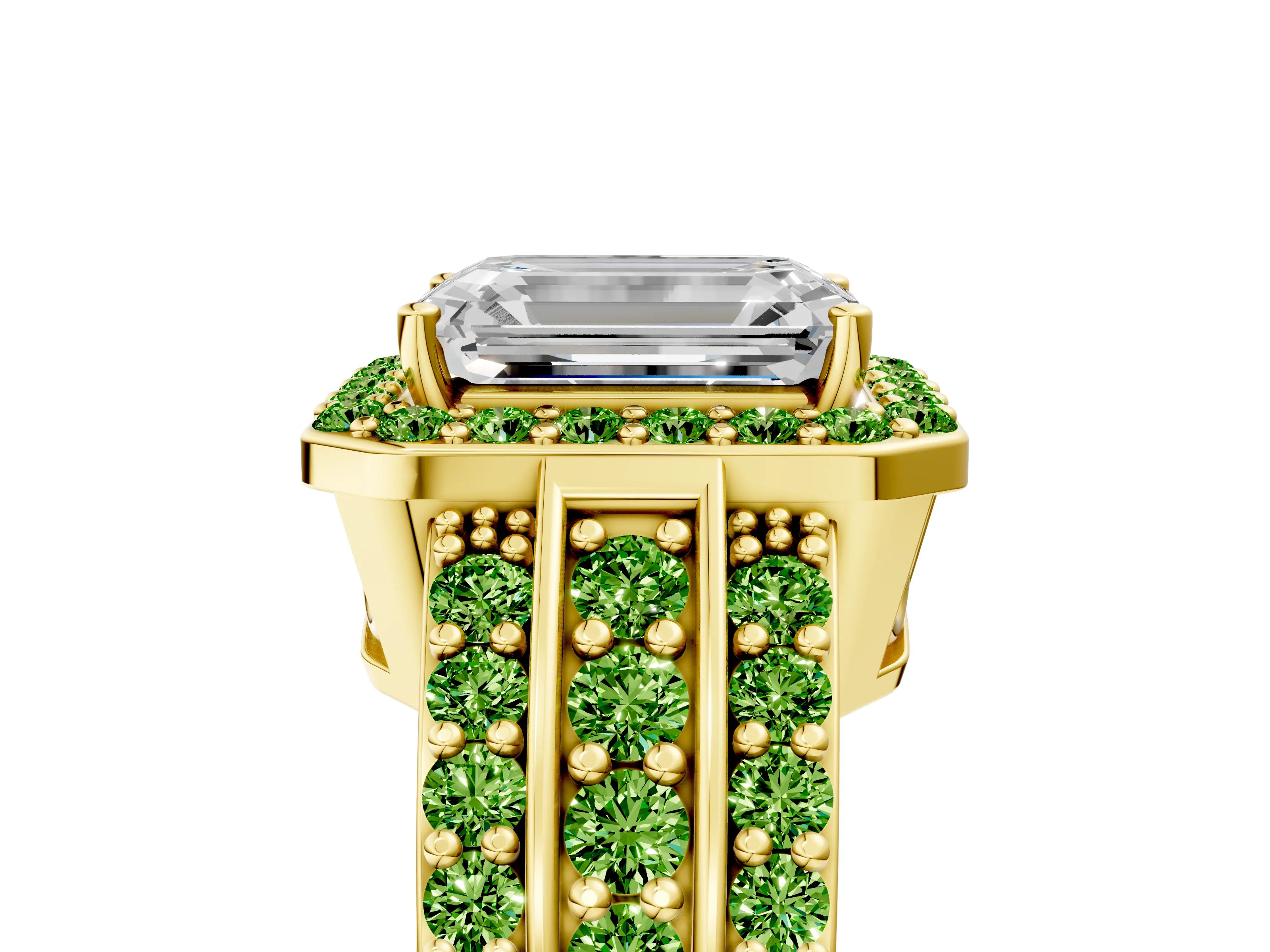 Yellow gold Emerald Cut Halo Diamond Ring with Round with Peridot side stone Split Shank and Prong Setting_5