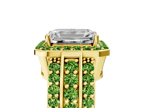 Yellow gold Emerald Cut Halo Diamond Ring with Round with Peridot side stone Split Shank and Prong Setting_5