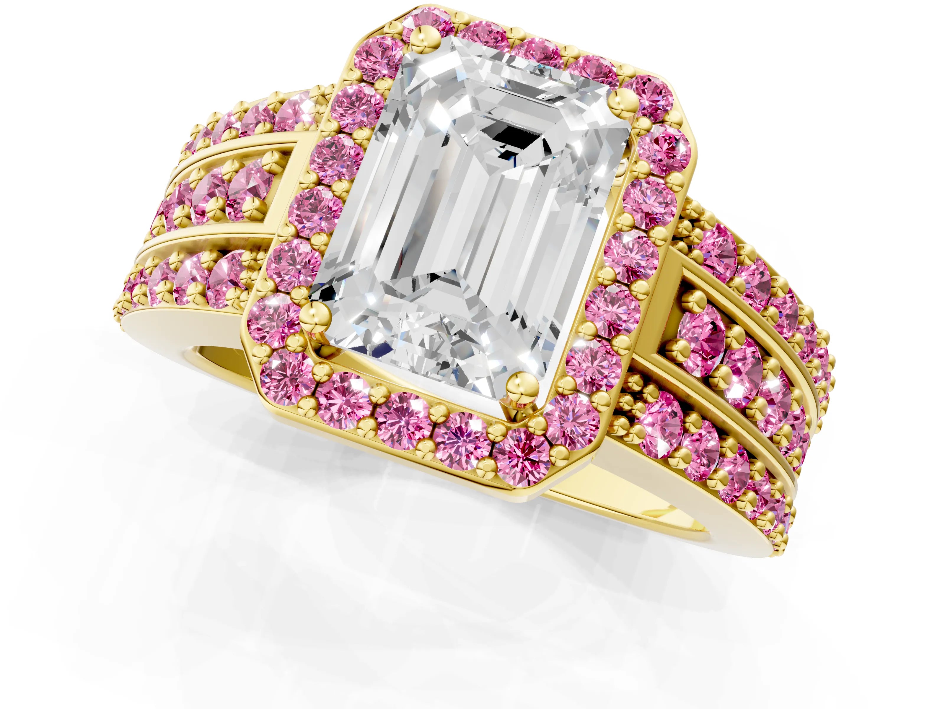 Yellow gold Emerald Cut Halo Diamond Ring with Round with Pink Sapphire side stone Split Shank and Prong Setting_1