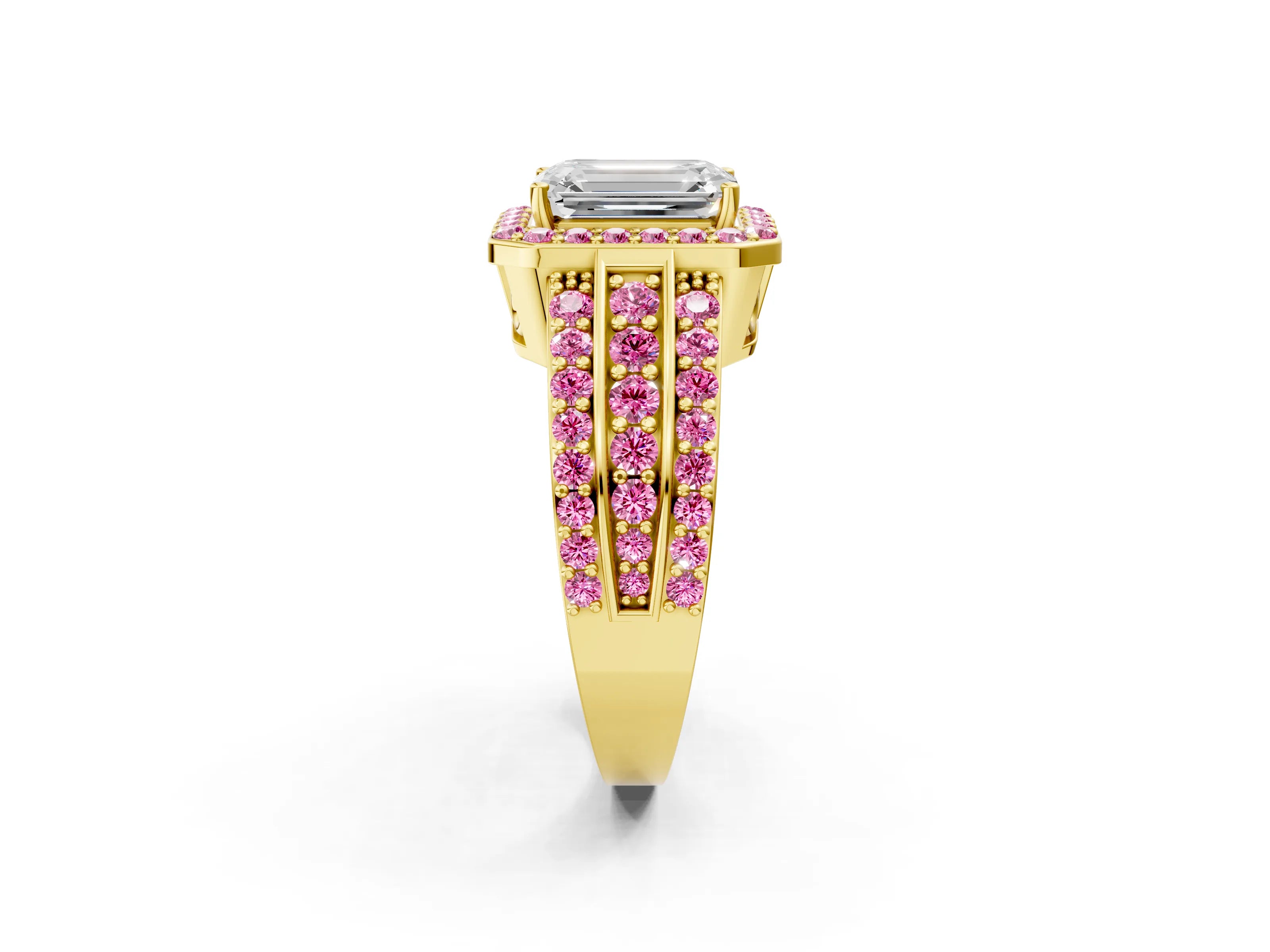 Yellow gold Emerald Cut Halo Diamond Ring with Round with Pink Sapphire side stone Split Shank and Prong Setting_2