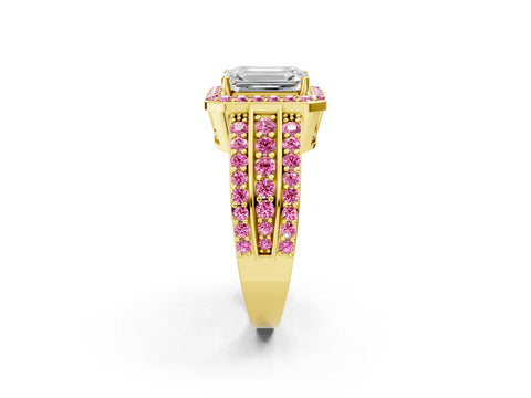 Yellow gold Emerald Cut Halo Diamond Ring with Round with Pink Sapphire side stone Split Shank and Prong Setting_2