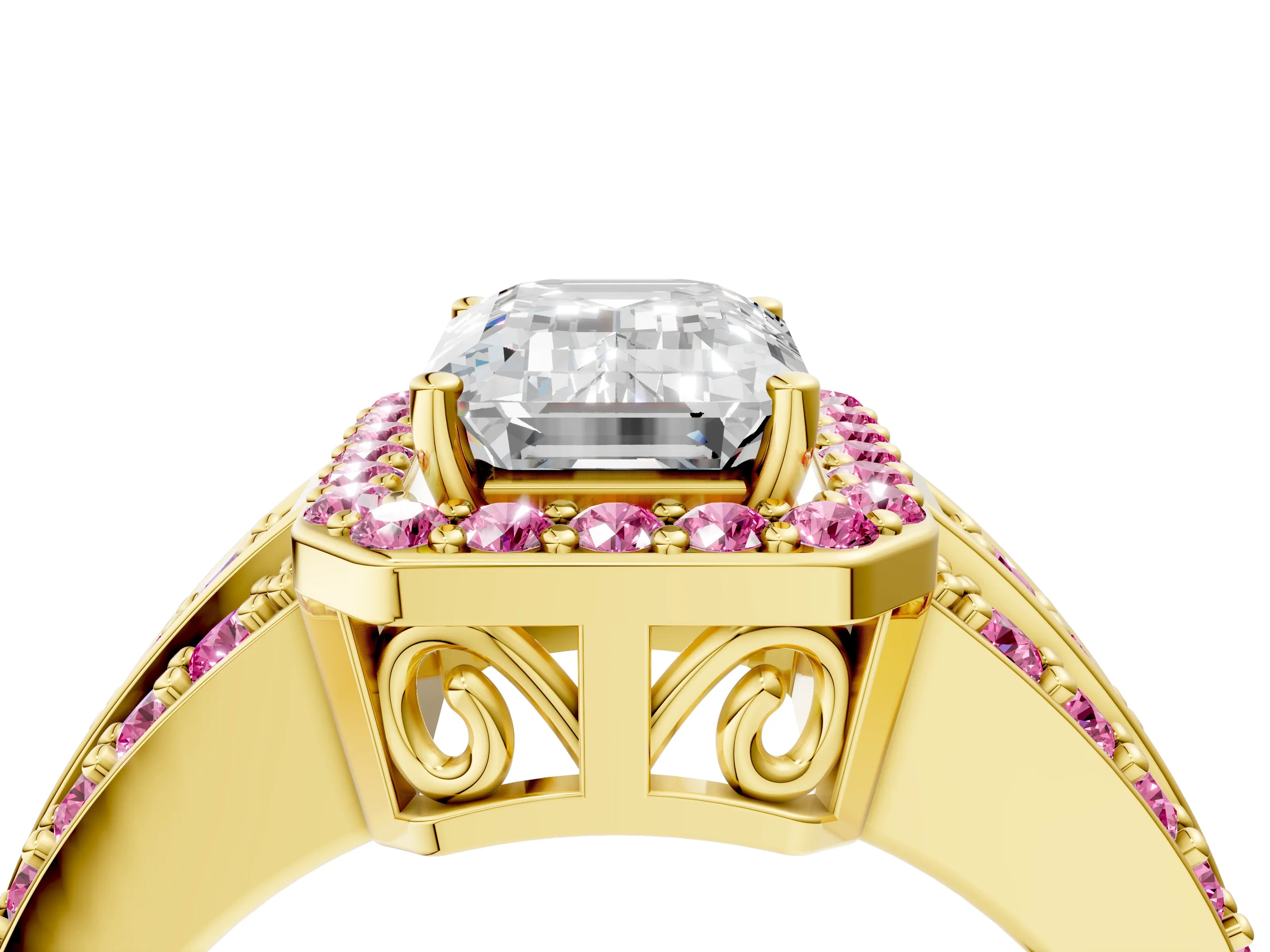 Yellow gold Emerald Cut Halo Diamond Ring with Round with Pink Sapphire side stone Split Shank and Prong Setting_4