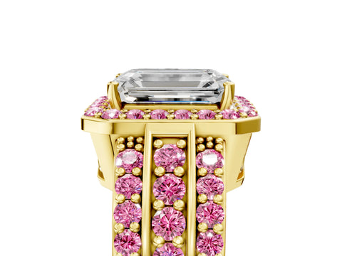 Yellow gold Emerald Cut Halo Diamond Ring with Round with Pink Sapphire side stone Split Shank and Prong Setting_5