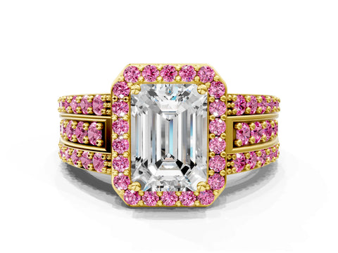 Yellow gold Emerald Cut Halo Diamond Ring with Round with Pink Sapphire side stone Split Shank and Prong Setting