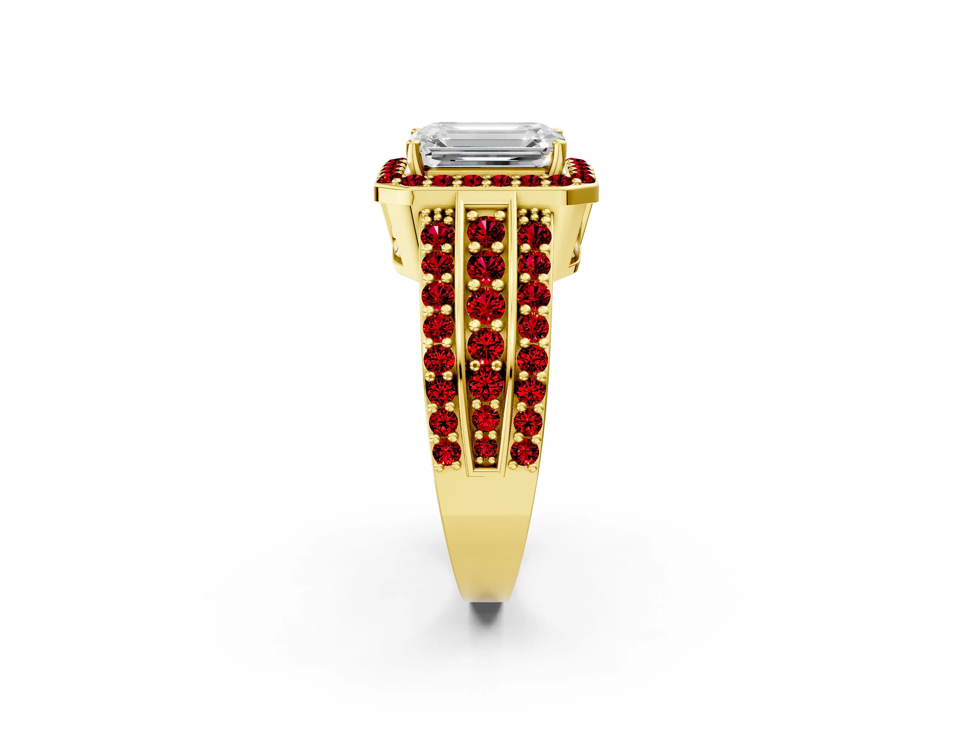 Yellow gold Emerald Cut Halo Diamond Ring with Round with Ruby side stone Split Shank and Prong Setting_2
