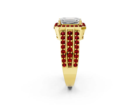 Yellow gold Emerald Cut Halo Diamond Ring with Round with Ruby side stone Split Shank and Prong Setting_2