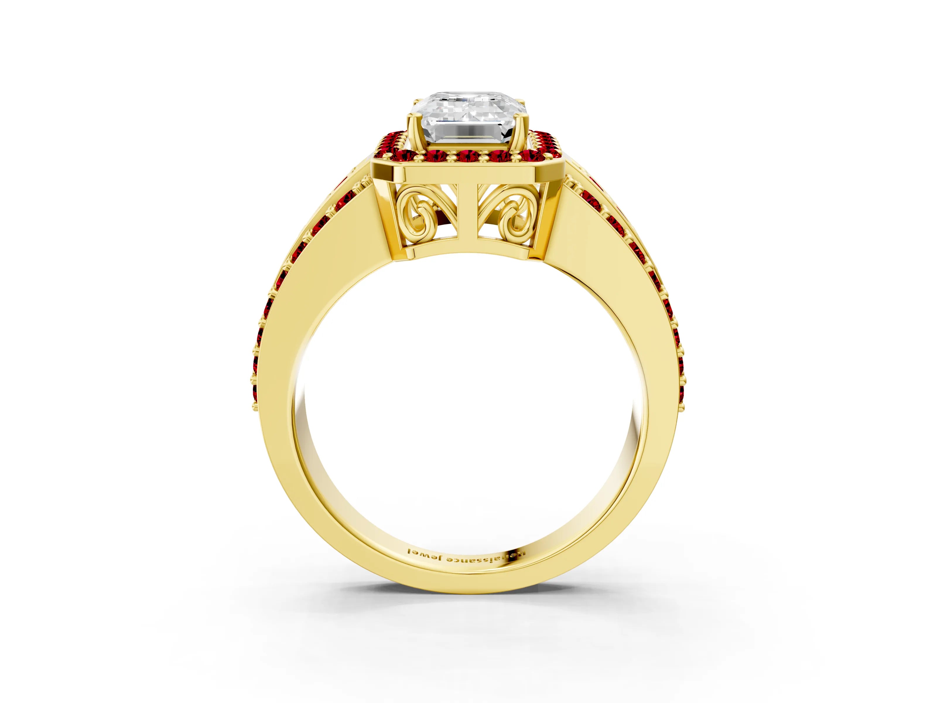 Yellow gold Emerald Cut Halo Diamond Ring with Round with Ruby side stone Split Shank and Prong Setting_3