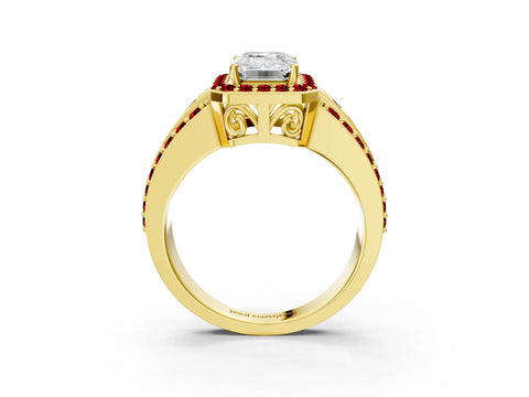Yellow gold Emerald Cut Halo Diamond Ring with Round with Ruby side stone Split Shank and Prong Setting_3