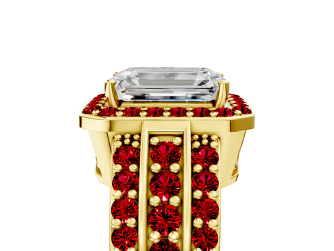 Yellow gold Emerald Cut Halo Diamond Ring with Round with Ruby side stone Split Shank and Prong Setting_5