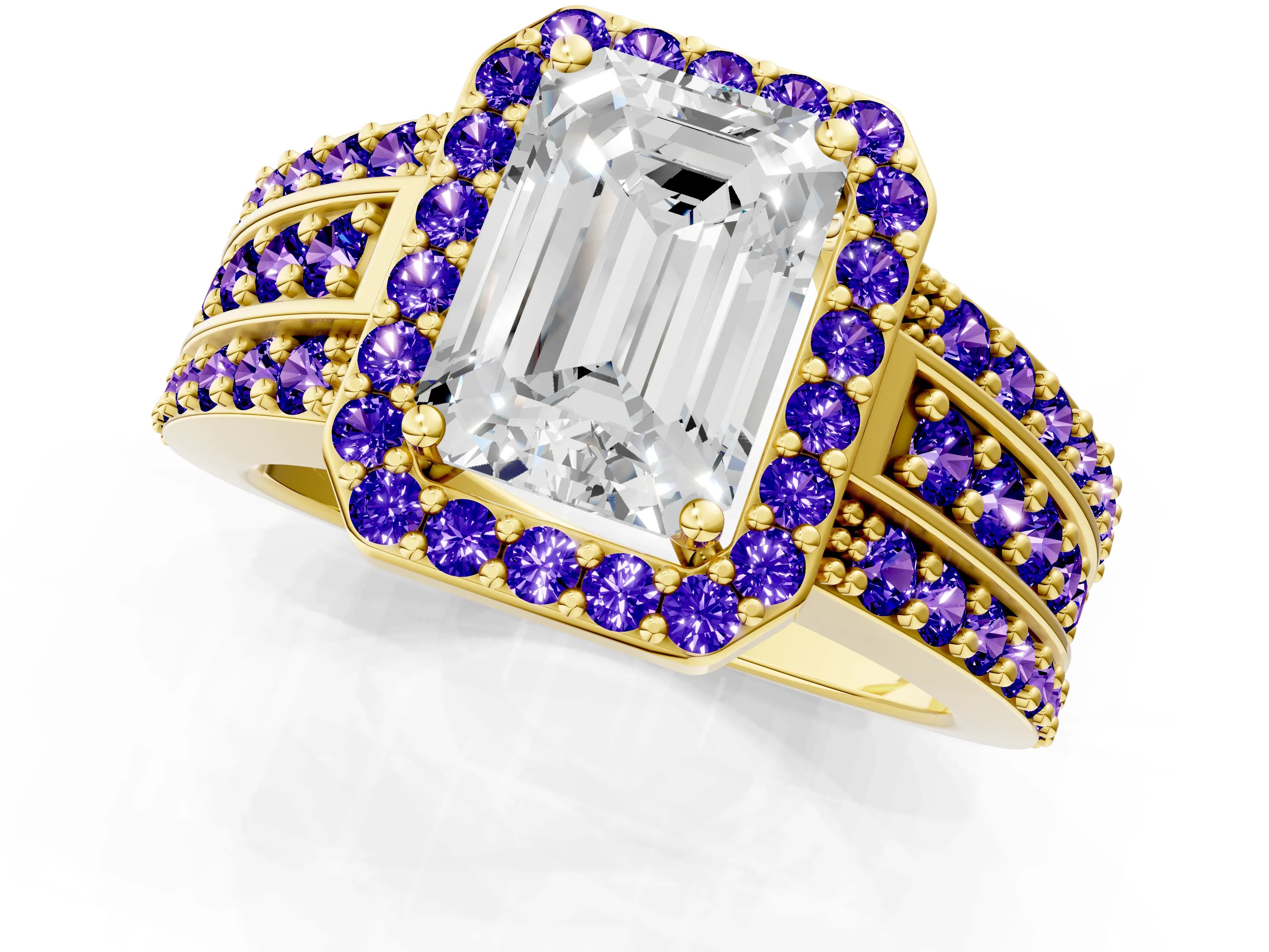 Yellow gold Emerald Cut Halo Diamond Ring with Round with Tanzanite side stone Split Shank and Prong Setting_1