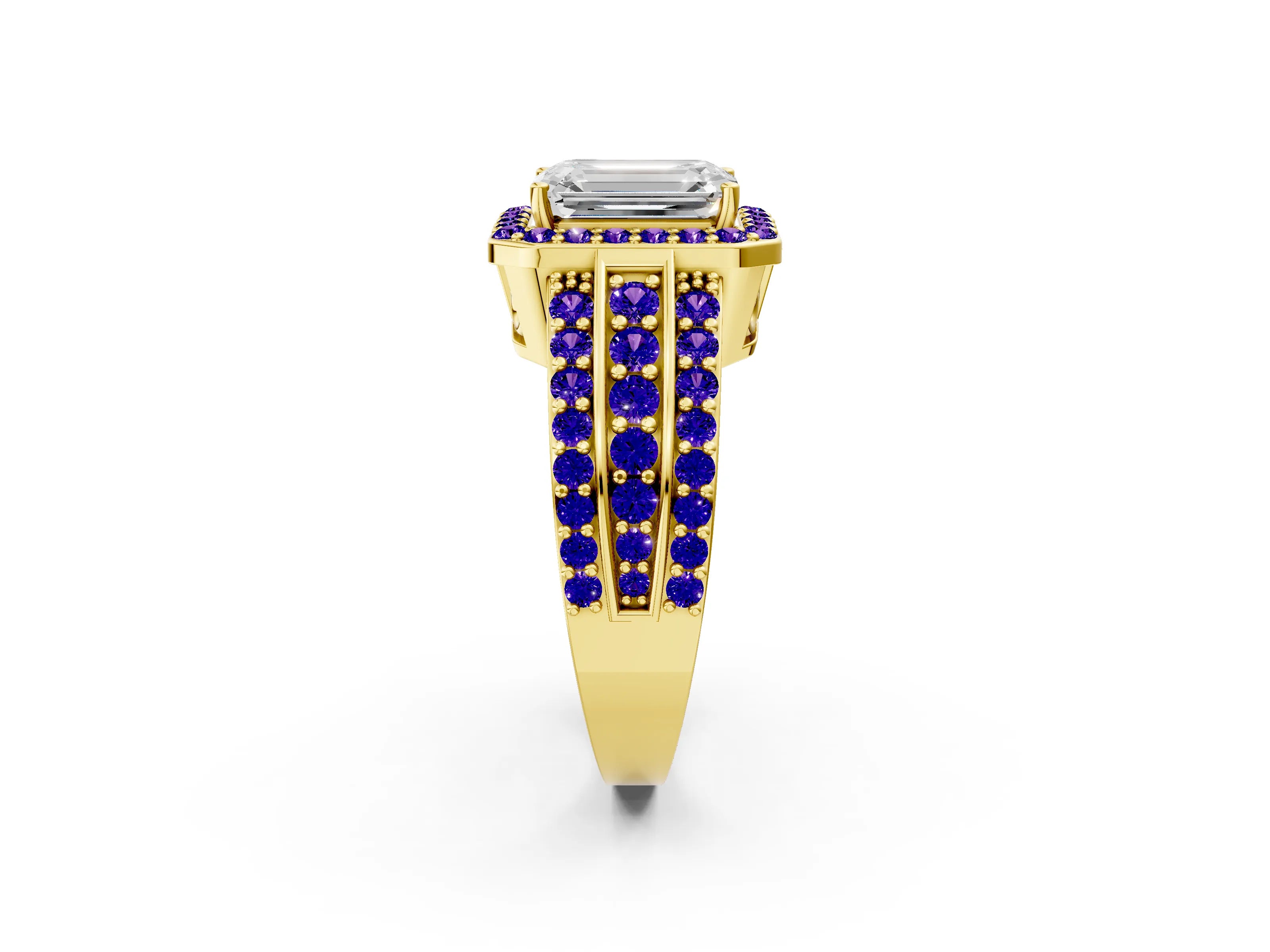 Yellow gold Emerald Cut Halo Diamond Ring with Round with Tanzanite side stone Split Shank and Prong Setting_2