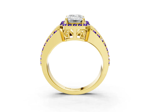 Yellow gold Emerald Cut Halo Diamond Ring with Round with Tanzanite side stone Split Shank and Prong Setting_3
