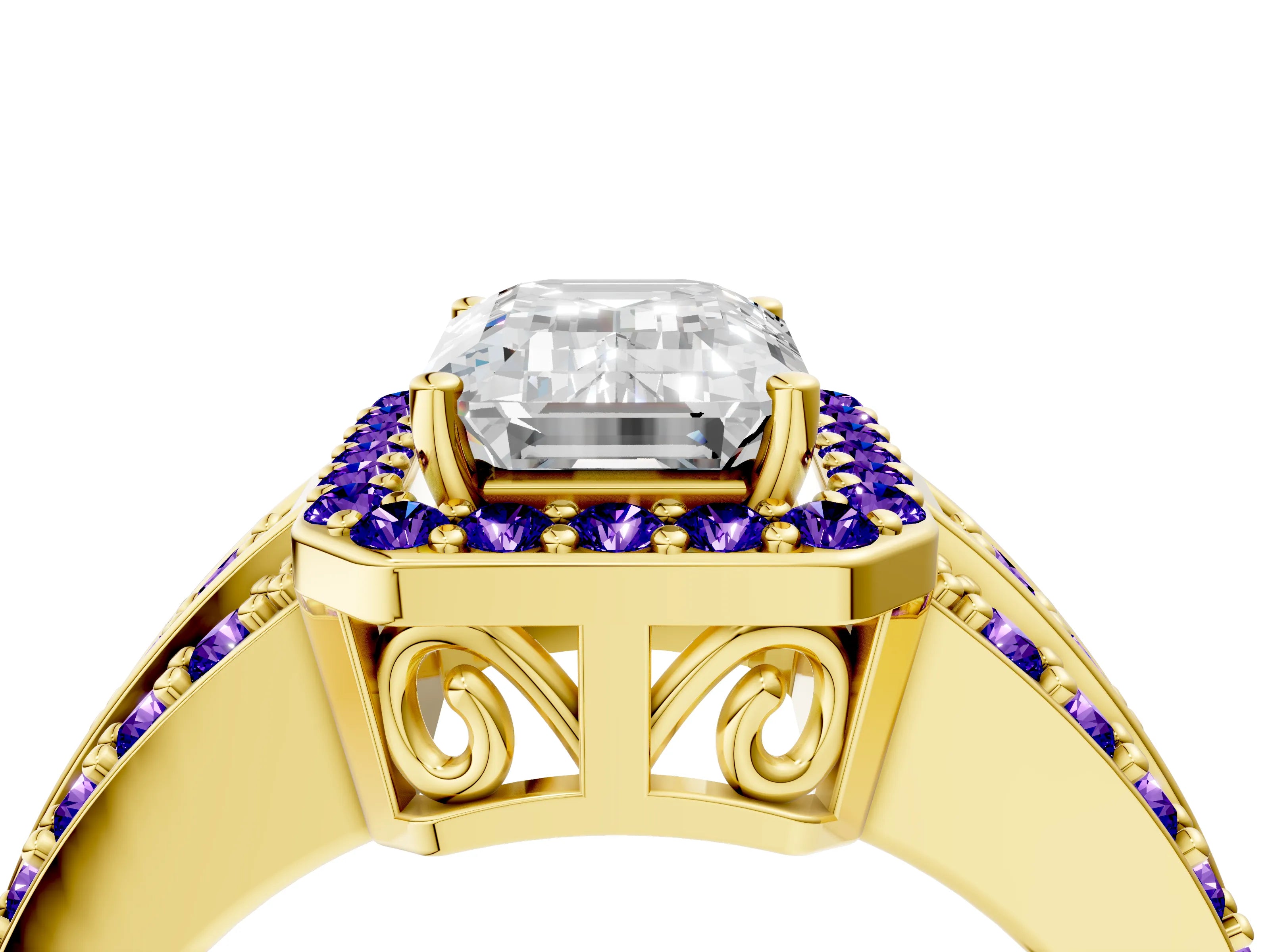 Yellow gold Emerald Cut Halo Diamond Ring with Round with Tanzanite side stone Split Shank and Prong Setting_4
