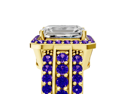 Yellow gold Emerald Cut Halo Diamond Ring with Round with Tanzanite side stone Split Shank and Prong Setting_5