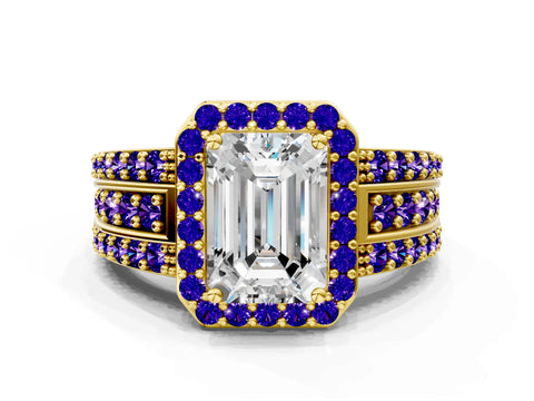 Yellow gold Emerald Cut Halo Diamond Ring with Round with Tanzanite side stone Split Shank and Prong Setting