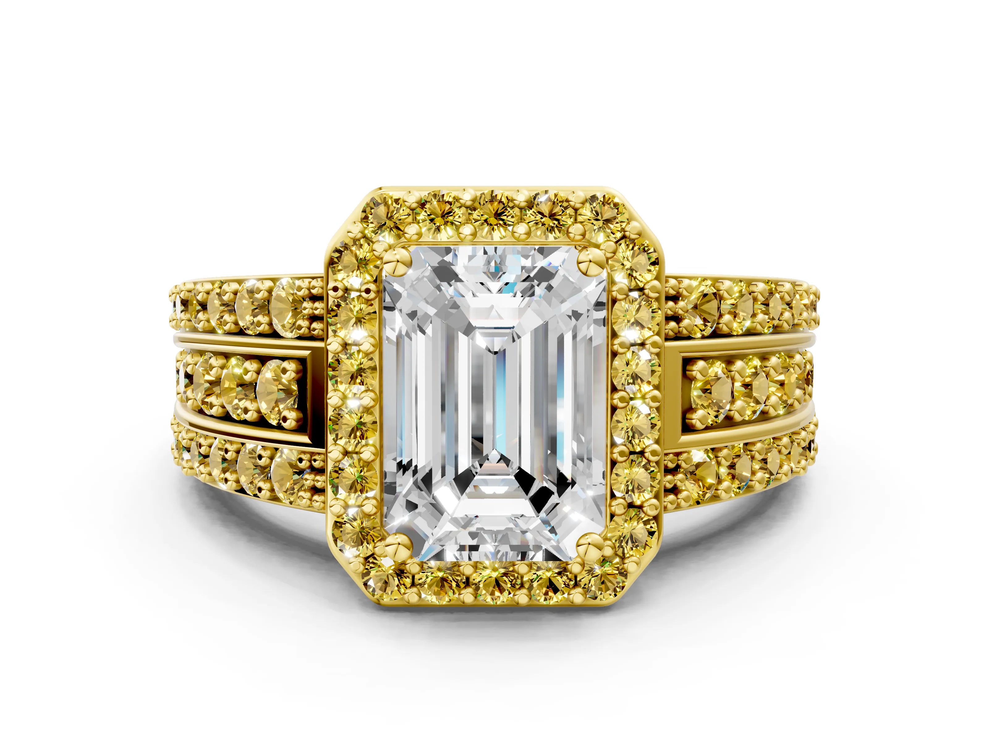 Yellow gold Emerald Cut Halo Diamond Ring with Round with Yellow Sapphire side stone Split Shank and Prong Setting