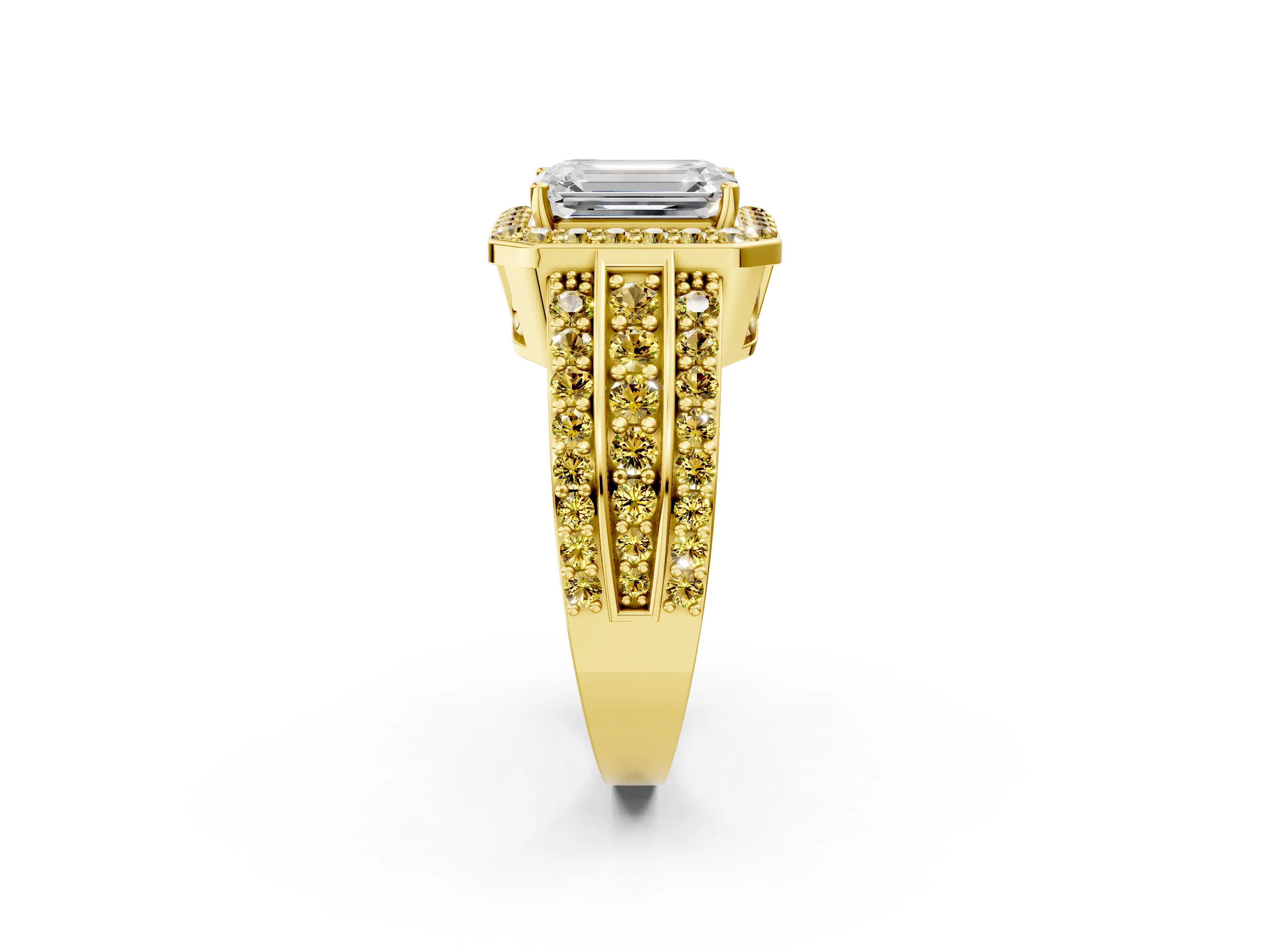 Yellow gold Emerald Cut Halo Diamond Ring with Round with Yellow Sapphire side stone Split Shank and Prong Setting_2