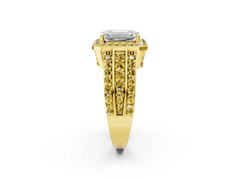Yellow gold Emerald Cut Halo Diamond Ring with Round with Yellow Sapphire side stone Split Shank and Prong Setting_2
