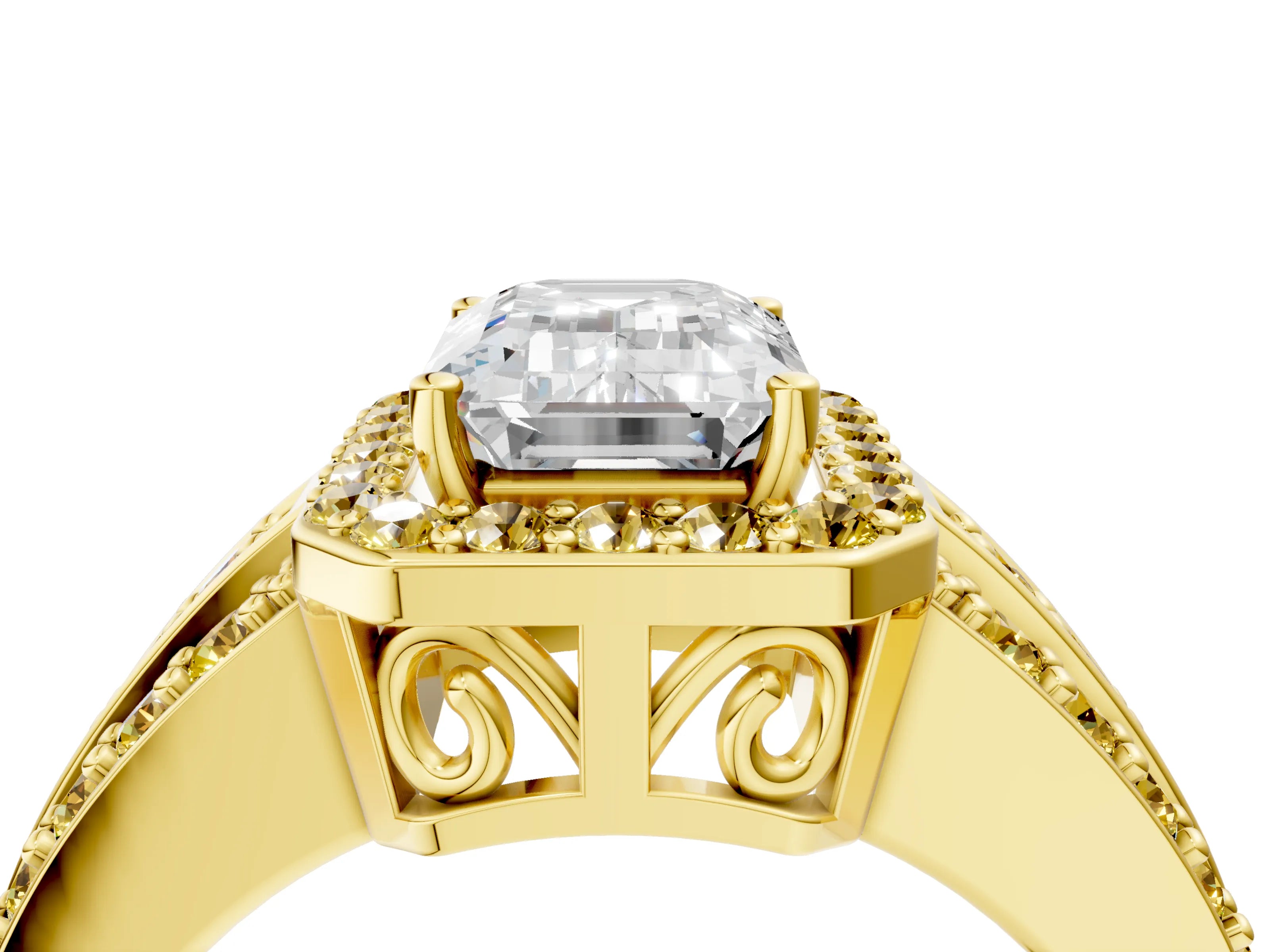 Yellow gold Emerald Cut Halo Diamond Ring with Round with Yellow Sapphire side stone Split Shank and Prong Setting_4