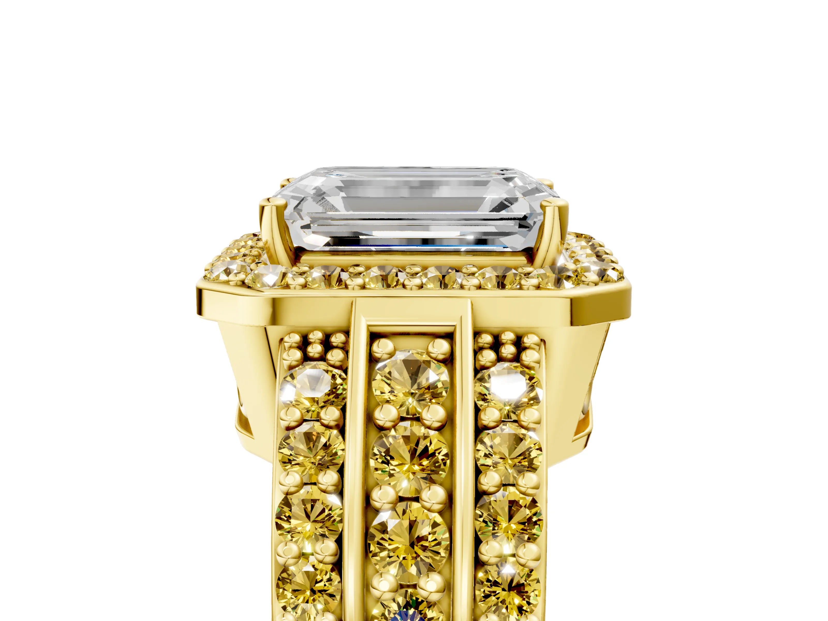 Yellow gold Emerald Cut Halo Diamond Ring with Round with Yellow Sapphire side stone Split Shank and Prong Setting_5