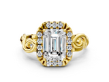 Yellow gold Emerald Cut Halo Diamond Ring with Scrollwork Band and Four-Prong Setting_70