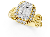 Yellow gold Emerald Cut Halo Diamond Ring with Scrollwork Band and Four-Prong Setting_71