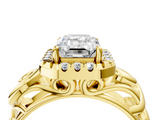 Yellow gold Emerald Cut Halo Diamond Ring with Scrollwork Band and Four-Prong Setting_74