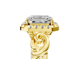 Yellow gold Emerald Cut Halo Diamond Ring with Scrollwork Band and Four-Prong Setting_75